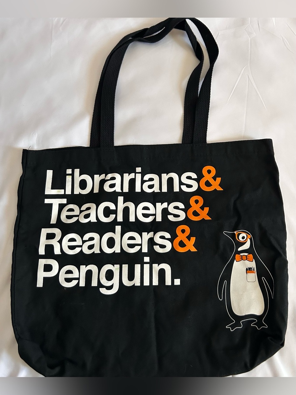 Black Canvas Penguin Tote Bag with Graphic of Penguin and Text